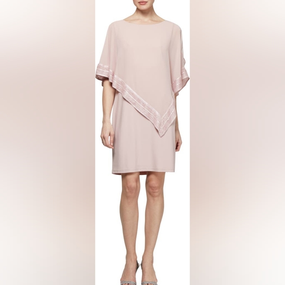 SLNY Foil Trim Asymmetrical Popover Capelet Sheath Dress Rose Gold Size 16 - Picture 1 of 6